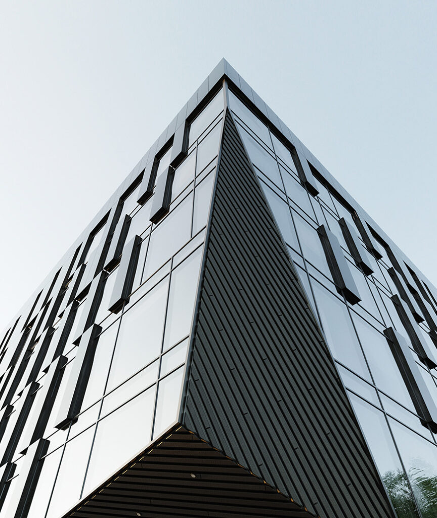 foto edificio con fachada de cristal y detalles en hierro